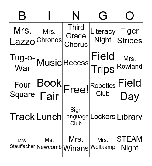 Chelsea School Bingo Card