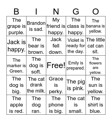 Simple Sentence Bingo  Bingo Card