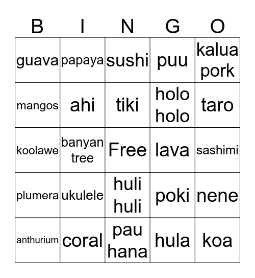 Triple "L" Hawaiian Luau Bingo Card