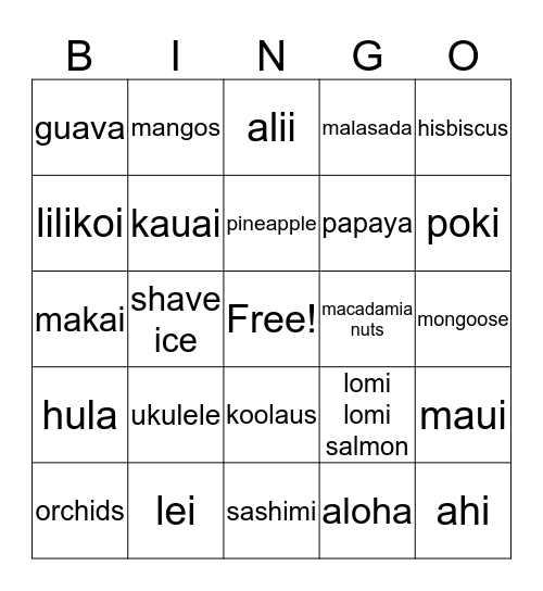 Triple "L" Hawaiian Luau Bingo Card