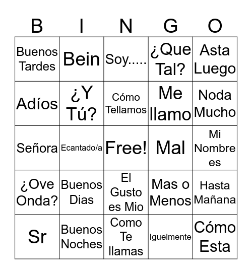 Spanish Bingo Card