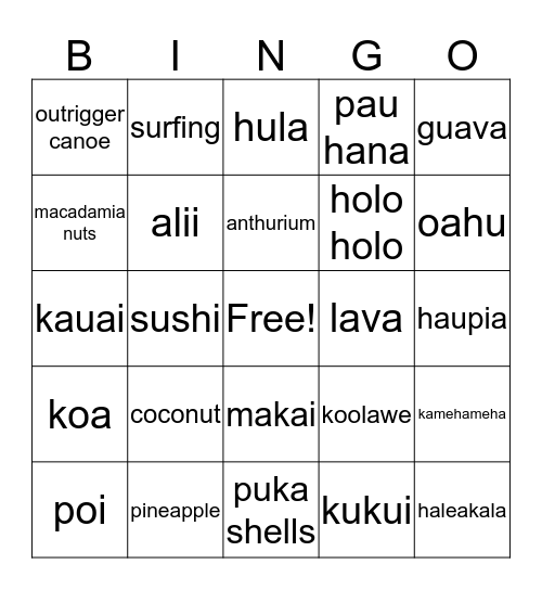 Triple "L" Hawaiian Luau Bingo Card