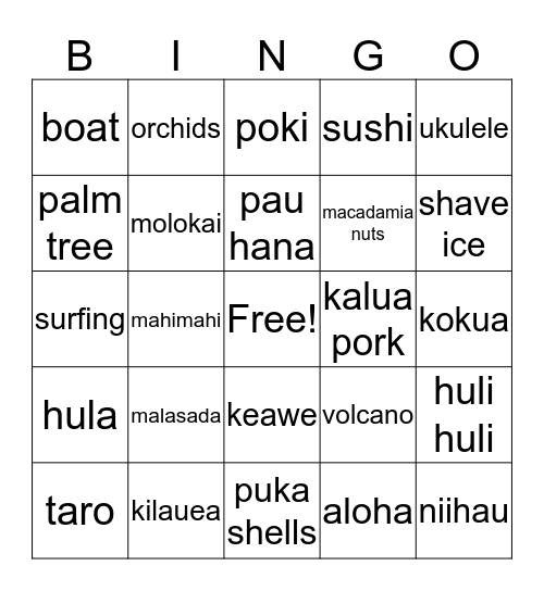 Triple "L" Hawaiian Luau Bingo Card