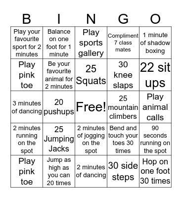 Fitness BINGO Grade 1 Bingo Card