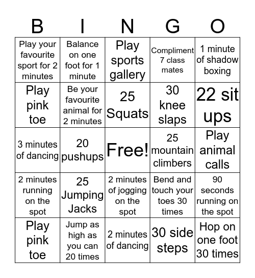 Fitness BINGO Grade 1 Bingo Card