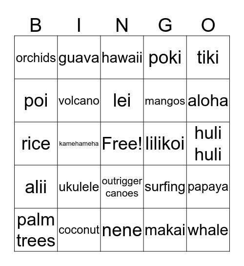 Triple "L" Hawaiian Luau Bingo Card