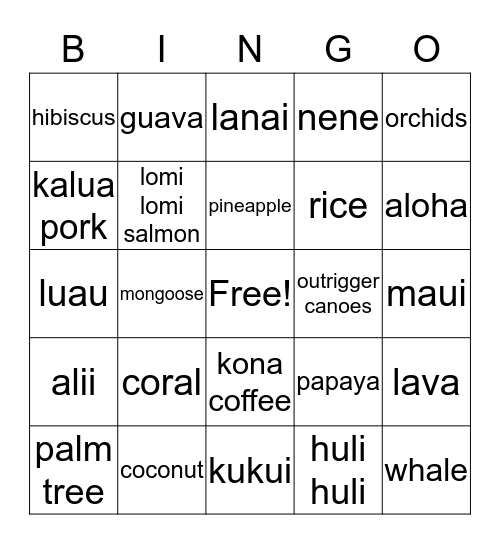 Triple "L" Hawaiian Luau Bingo Card