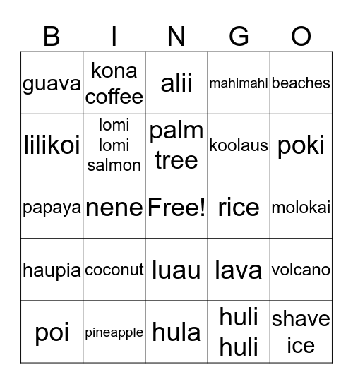 Triple "L" Hawaiian Luau Bingo Card