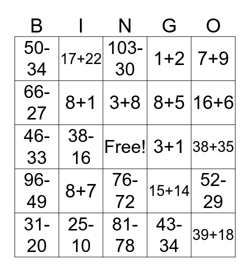 MATH BINGO Card