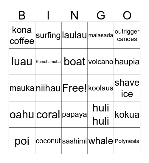 Triple "L" Hawaiian Luau Bingo Card