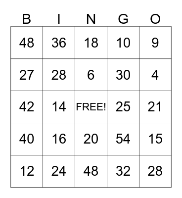 Rachel's Multiplication Bingo Card