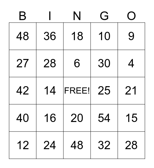 Rachel's Multiplication Bingo Card