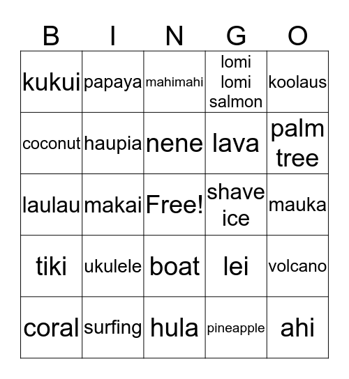 Triple "L" Hawaiian Luau Bingo Card