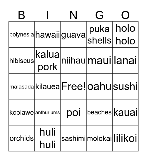 Triple "L" Hawaiian Luau Bingo Card