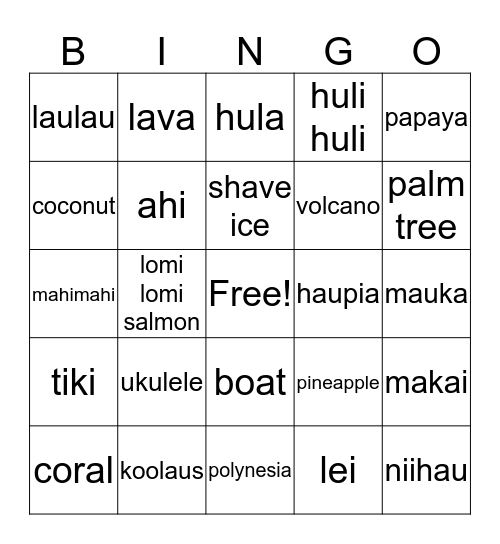 Triple "L" Hawaiian Luau Bingo Card