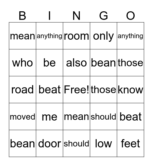EE and EA Words & Vocab Bingo Card