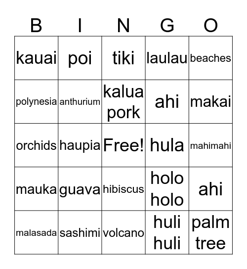 Triple "L" Hawaiian Luau Bingo Card