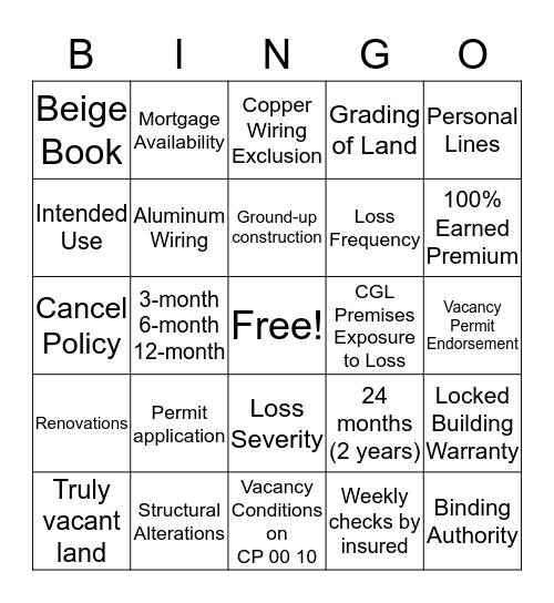 Insuring Vacant Exposures BINGO Card
