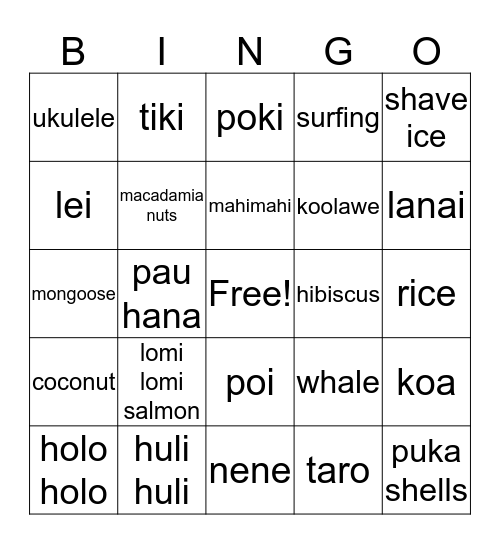 Triple "L" Hawaiian Luau Bingo Card