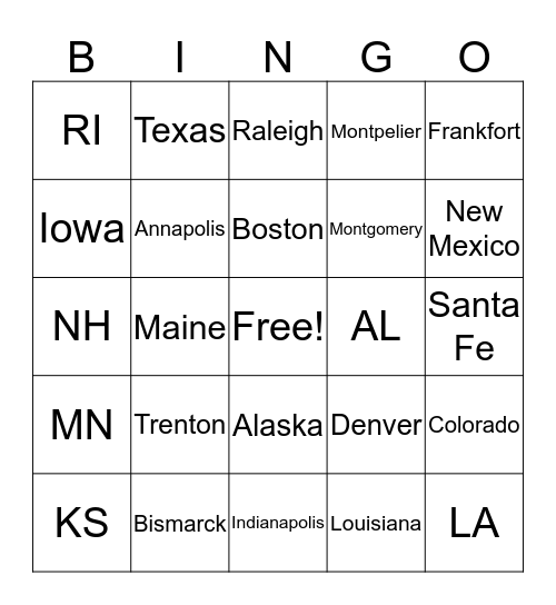 United State Bingo  Bingo Card