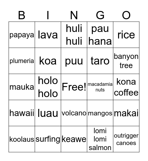 Triple "L" Hawaiian Luau Bingo Card