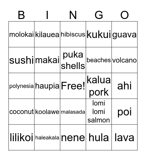 Triple "L" Hawaiian Luau Bingo Card