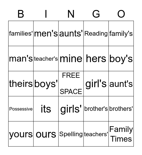 Possessives Bingo Card