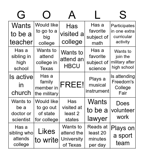 College Readiness Goals Bingo Card