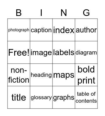 Text Features Bingo Card