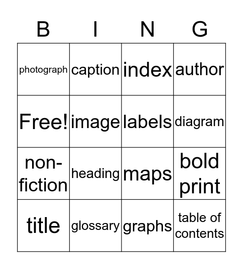 Text Features Bingo Card