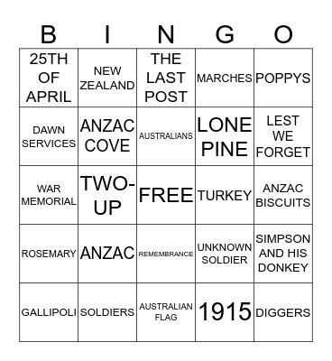 ANZAC BINGO Card