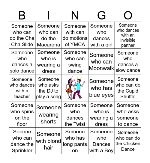 MIDDLE SCHOOL DANCE Bingo Card