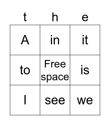 sight words Bingo Card