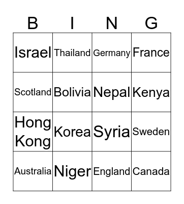 Countries Bingo Card