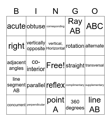 Lines and Angles Bingo Card