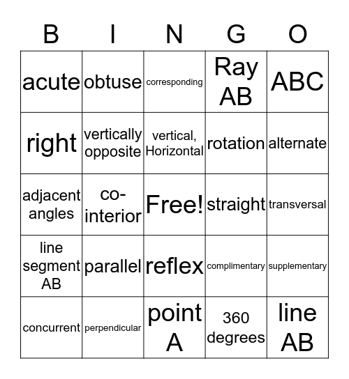 Lines and Angles Bingo Card