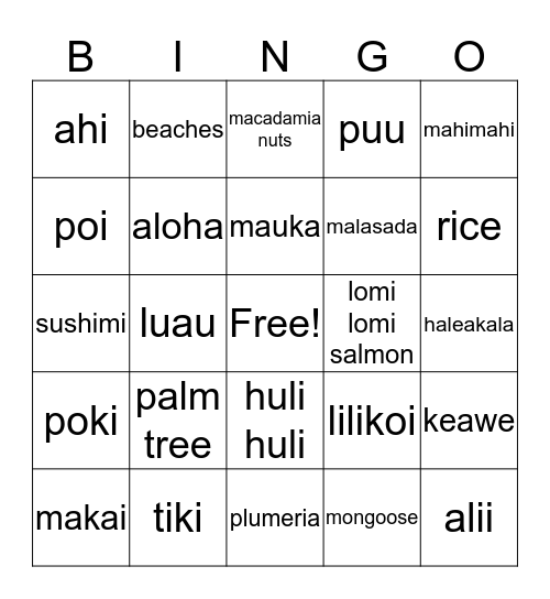 Triple "L" Hawaiian Luau Bingo Card