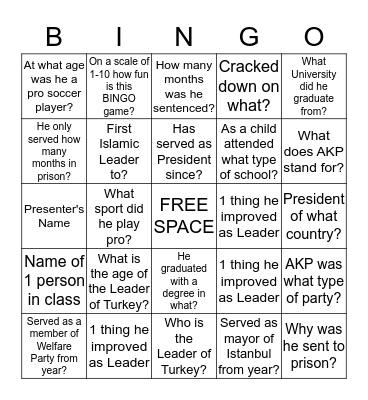 The Leader of Turkey Bingo Card