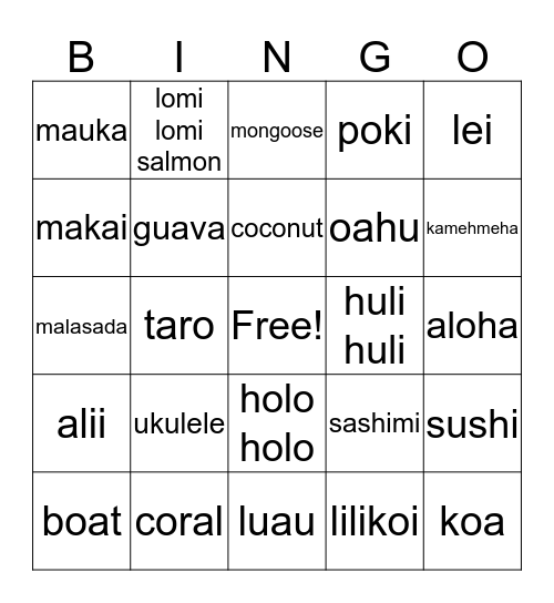 Triple "L" Hawaiian Luau Bingo Card