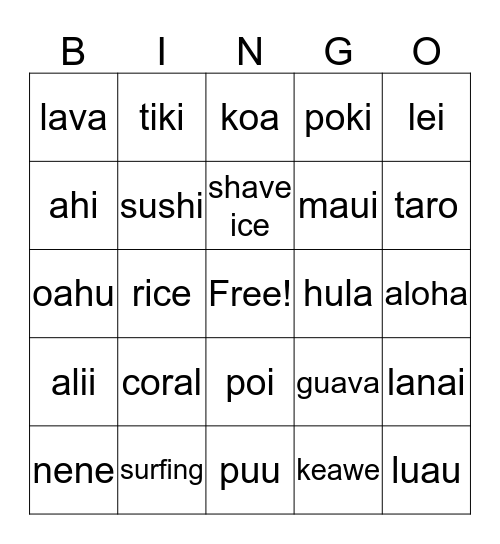 Triple "L" Hawaiian Luau Bingo Card