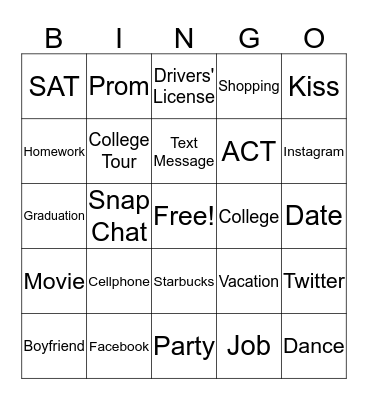 Teen Bingo Card
