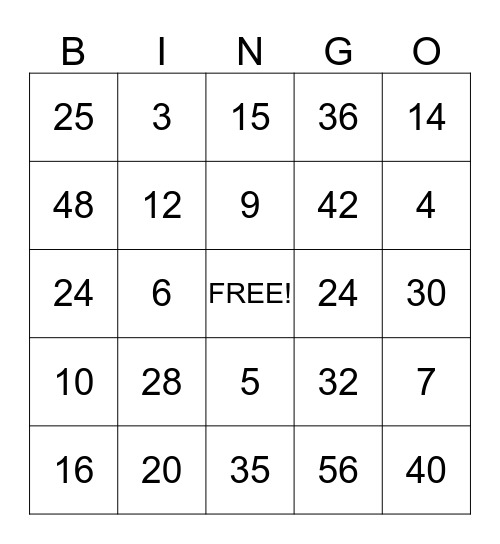 Rachel's Multiplication Bingo Card