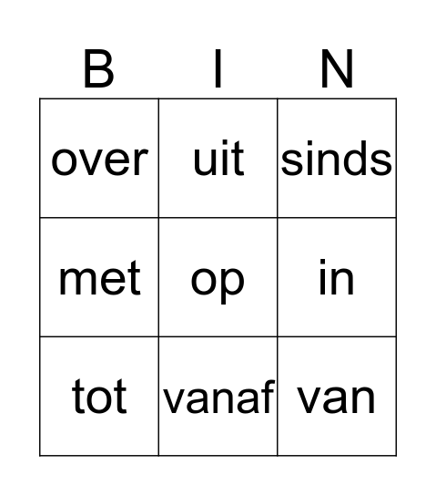 Voorzetsels Bingo Card