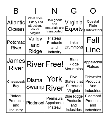 Virginia Studies Bingo Card