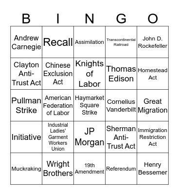 Immigration, Industrialization, Progressive Era Bingo Card