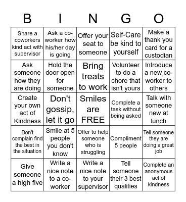 Valeo Kindness Bingo Challenge Bingo Card
