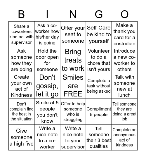 Valeo Kindness Bingo Challenge Bingo Card