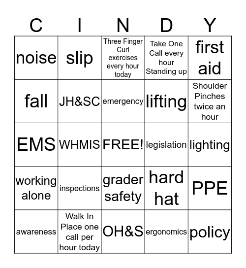 Cindy's Safety Sillynes Bingo Card