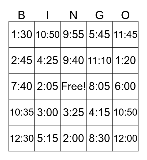 Time Bingo Card