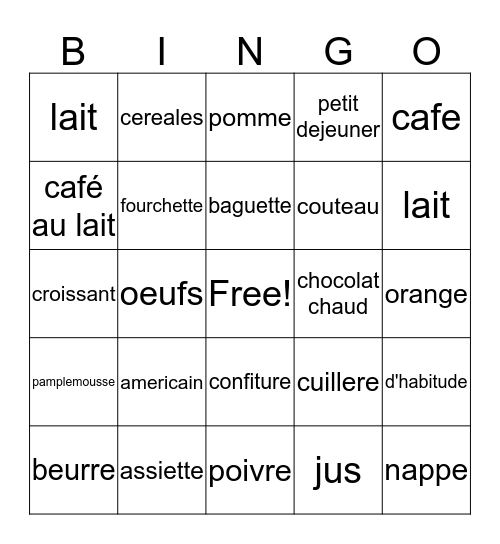 Francais I Chapitre 6 Vocabulaire 1 Bingo Card